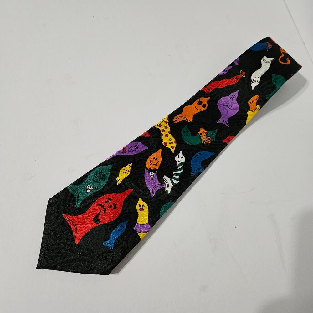 VTG Halloween Brothers Ghosts Neck Tie Multicolor Flamboyant Cartoonish - Picture 6 of 6